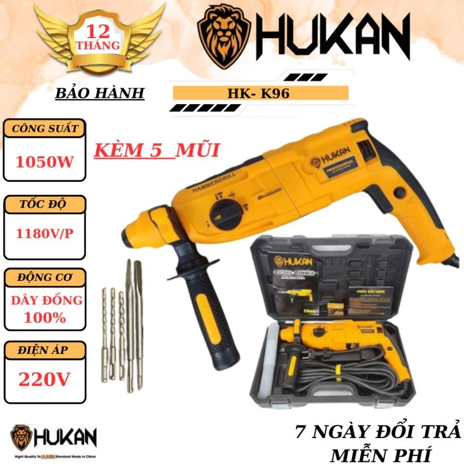 Máy Khoan Bê Tông Chính Hãng HUKAN HK-K96, Khoan 3 Chức Năng Công Suất Định Mức 1050W Chính Hãng