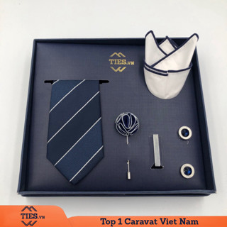 Set caravat quà tặng 5 món xanh than navy bản to 7.5cm, hoạt tiết kẻ chéo trắng nhỏ nhắn, tinh tế