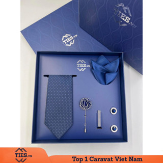 Set caravat quà tặng 5 món xanh than navy bản to 7 cm, họa tiết chấm trắng ô vuông gân trẻ trung