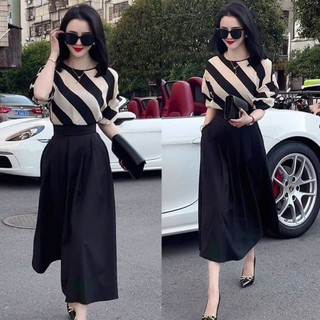 Set áo sọc phối chân váy xòe cao cấp