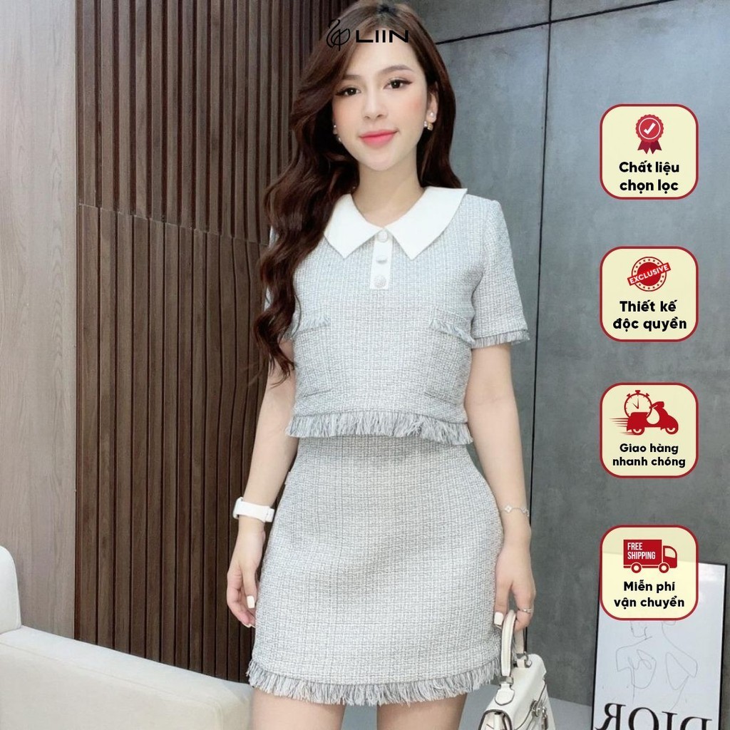 Set Áo Cộc Tay Kèm Chân Váy Chữ A Chất Liệu Tweed Xám Thời Trang Thiết Kế Liin Clothing - SVT051PRI-S23