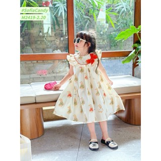 Váy Sofia Candy vải thô tay cánh tiên phối nơ cổ hoạ tiết thỏ size 1-10y