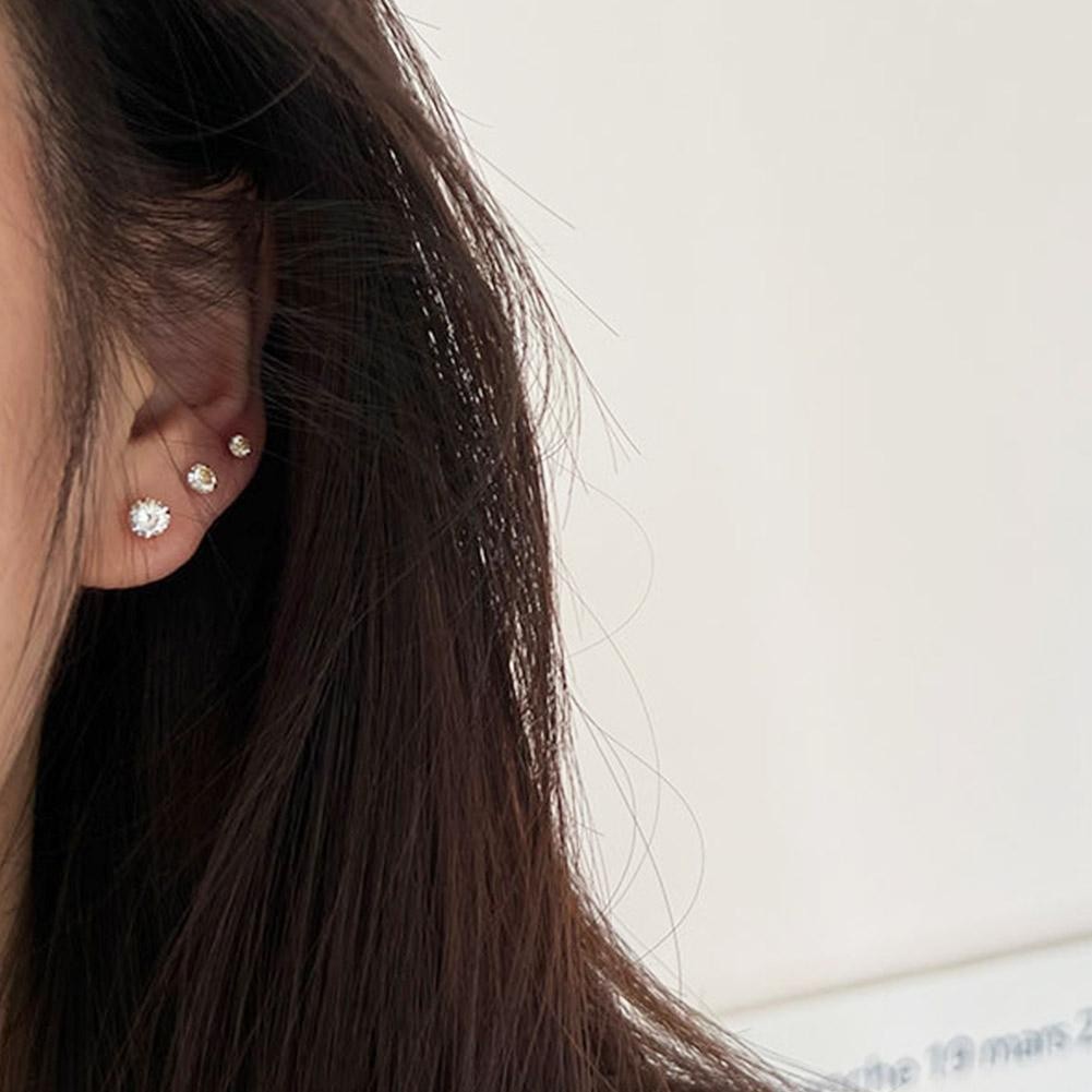 LEARNEVER Màu vàng / bạc zircon ear bone studs thời trang hàn quốc bông tai titan thép đơn giản
