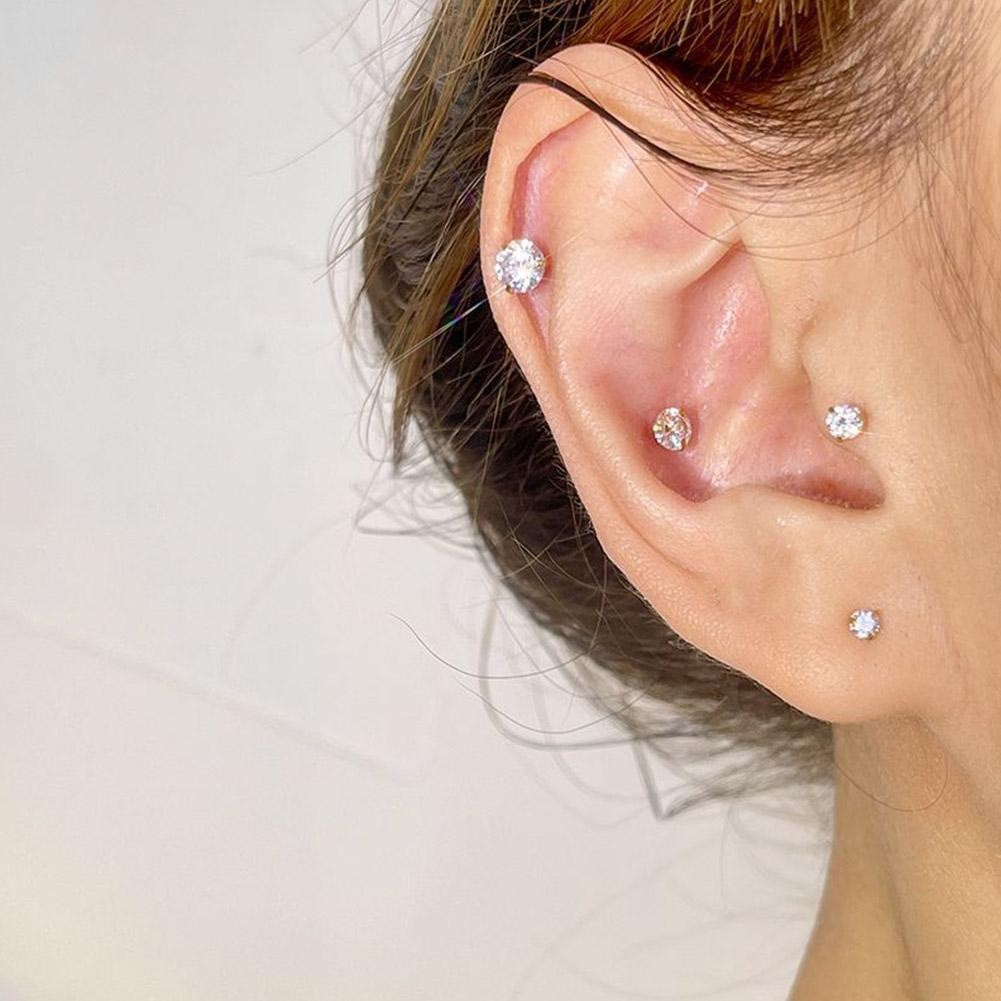 LEARNEVER Màu vàng / bạc zircon ear bone studs thời trang hàn quốc bông tai titan thép đơn giản
