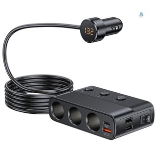 Car chargers 128w pd+qc3.0 quick charging adapter 3-socket power splitter 12-24v with 4 usb ports volatge display on-off