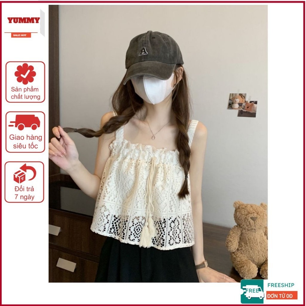 Áo hai dây nữ Yummy hai lớp, Áo croptop phối ren  phong cách ngọt ngào