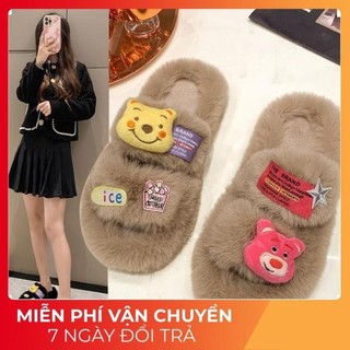 Dép quai ngang nữ, dép lông gấu dâu bản cao cấp Full Box, cute thời trang mùa thu đông