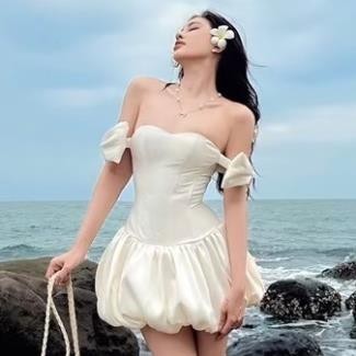 Đầm dáng bí phồng dây nhún đính nơ xinh xắn đáng yêu dáng xòe sexy, váy xòe bẹt vai đi tiệc dạo phố