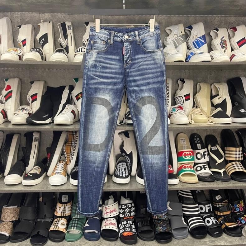 Quần Jean Nam DSQ Chữ D2 Xanh Trơn Mài Bạc Quần Bò DSQUARED D2 Xanh Sáng Chất Co Giãn Phối Loang, Qu