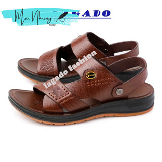 Dép nam da bò đẹp đế cao su đúc nguyên khối quai ngang chéo có quai hậu thời trang trẻ và trung niên