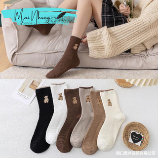 Tất Nữ Trắng Cổ Cao In Hình Gấu Cute Xinh Xắn Vải Cotton Co Giãn Phong Cách Hàn Quốc
