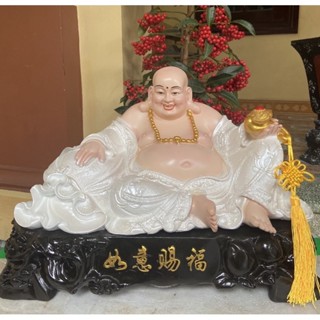  Tượng Phật Di Lặc cầm gậy như ý kèm đế và khánh treo kích thước dài 41cm cao 30cm Tượng Bồ Tát Di Lặc Tam Tài 