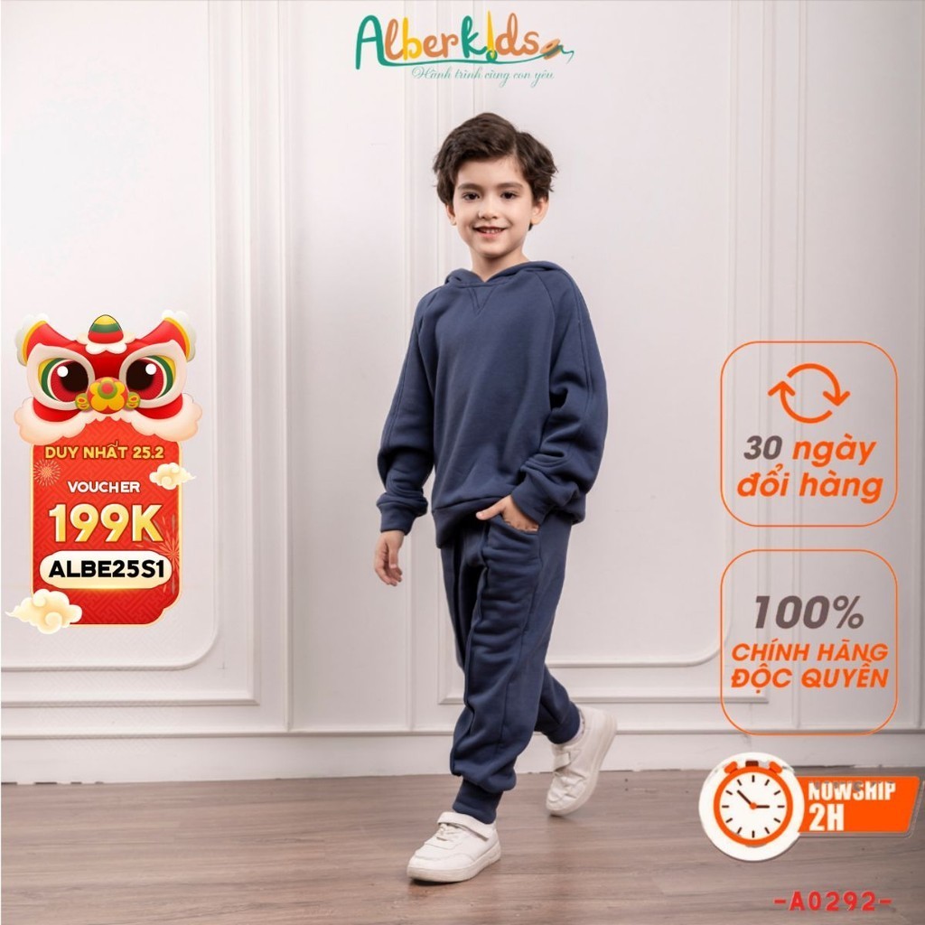 Bộ đồ nỉ bé trai ALBERKIDS hoodie trơn xanh than có mũ cho trẻ em 2,3,4,5,6,7,8,9,10,11,12 tuổi [A0292]