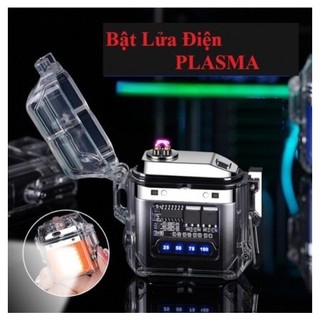 Quẹt lửa 4 tia lcd plasma trong suốt sạc usb đèn cob