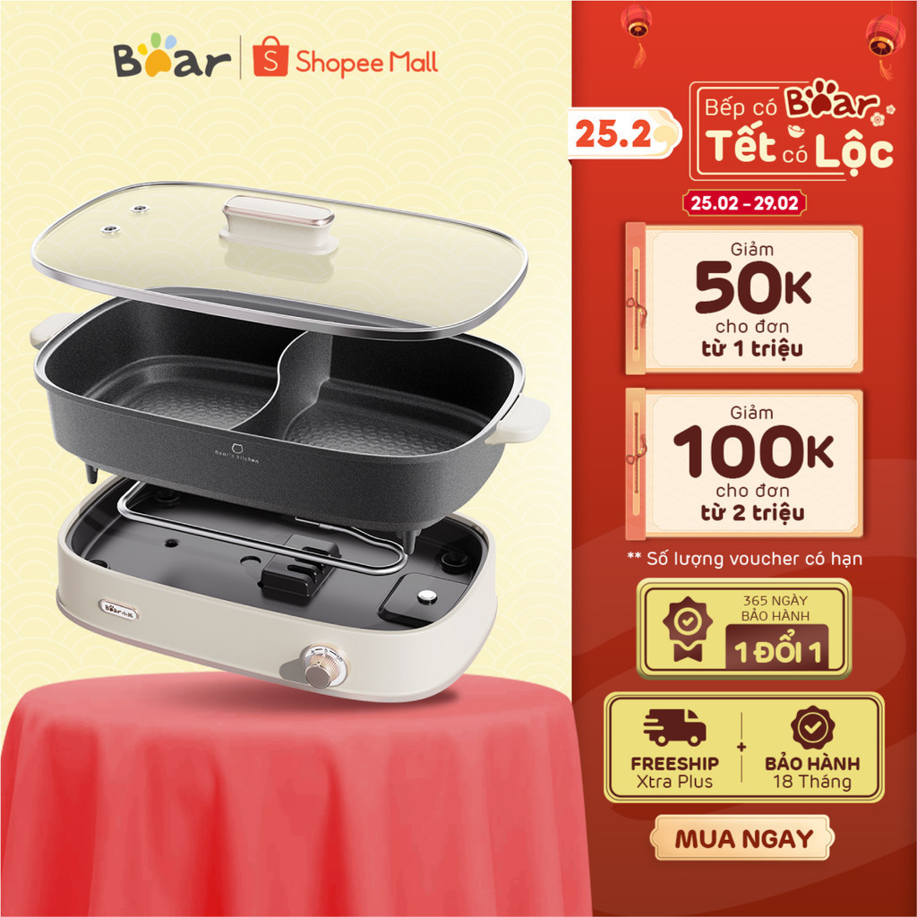 Nổi Lẩu 2 Ngăn 6.5L Bear DHG-D65A1 - Hàng Chính Hãng