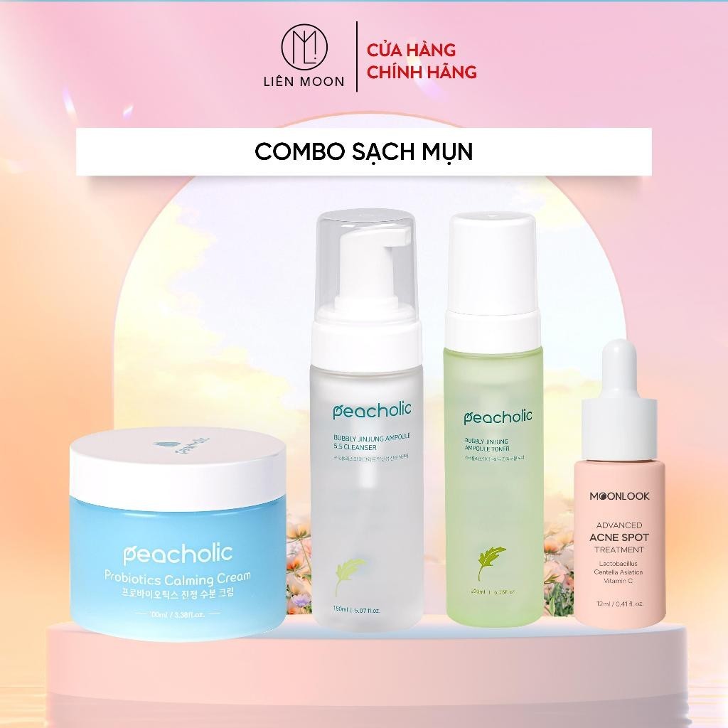 COMBO SẠCH MỤN : Cặp sữa rửa mặt + Toner Peacholic , Serum mụn Moonlook và Kem đêm phục hồi Peacholic