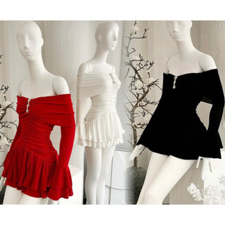 Đầm Trễ Vai Dài Tay Đính Cườm Dáng Ngắn Hai Tầng Sexy CC816 GKT HỎA TỐC