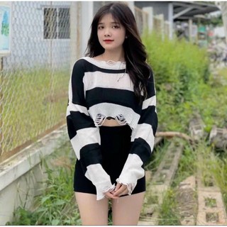 Áo len nữ croptop rách dài tay