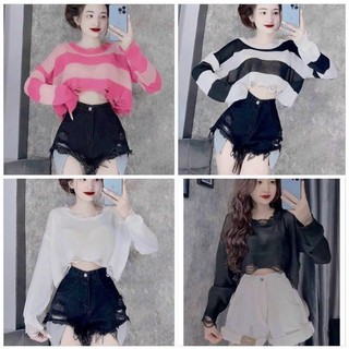 Áo len nữ croptop rách dài tay