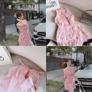 Set áo hồng cổ yếm viền bèo + chân váy 🖤