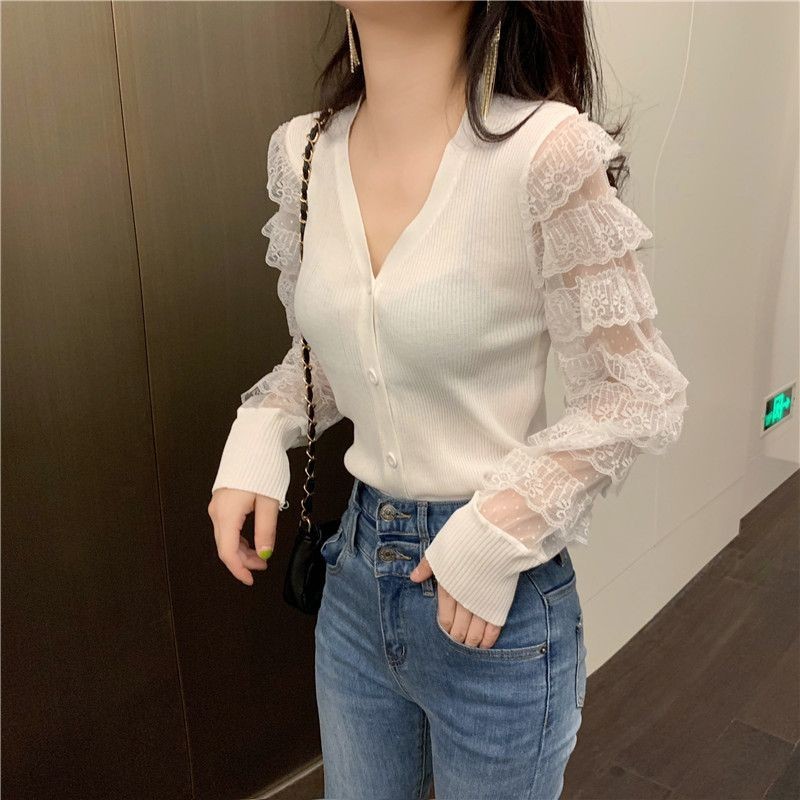 Mùa Xuân Thu 2024 Ren Dài Tay Khâu Dệt Kim Slim-Fit Sang Trọng Cổ Chữ V Swe♫2.23♫
