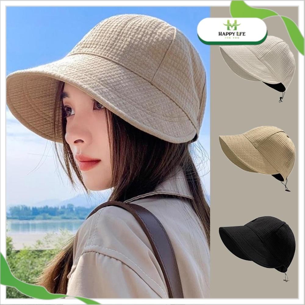 Mũ bucket nữ, nón chống nắng, mũ chống nắng thời trang vải nỉ rộng vành chống tia UV UPF50+ có dây rút - Happy Life 4U