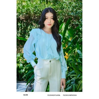 Áo sơ mi chiffon xanh chạy bèo phối ren thiết kế Elise FS2304026TLWOBL