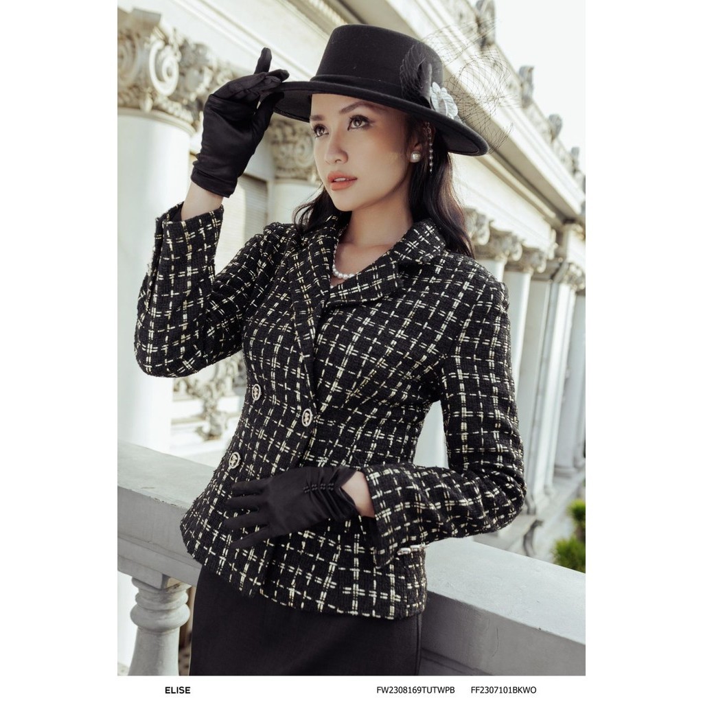 Áo vest dạ tweed đen KT vàng cơi túi thiết kế Elise FW2308169TUTWPB