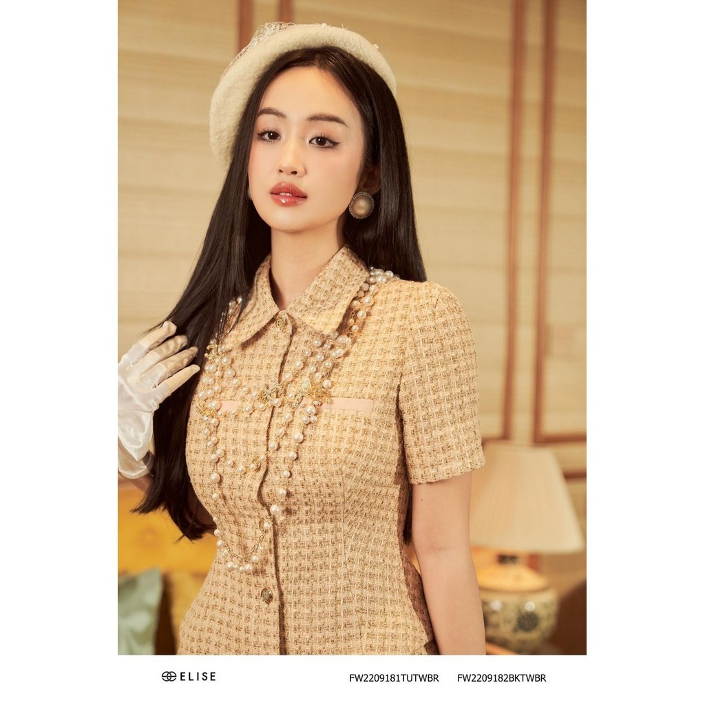 Áo vest dạ tweed nâu KT cổ đức thiết kế Elise FW2209181TUTWBR