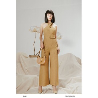 Jumpsuit tweed nâu cổ đan chéo thiết kế Elise FF2307080JLWOBR