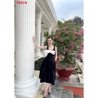 Đầm váy dự tiệc tafta 2s nơ ngực dáng xoè dài chiết eo hai dây cao cấp đi đám cưới dạo phố