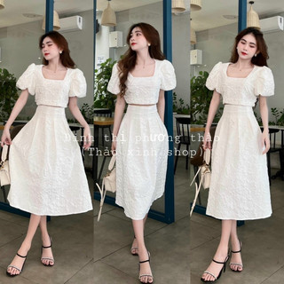 SET áo croptop và chân váy dài cổ V tay phồng chân váy xoè dài đầm trắng đi biển maxi đi biển dạo phố dự tiệc đám cưới