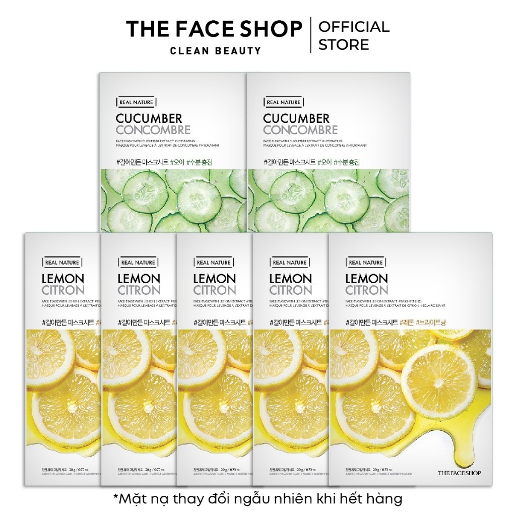 Combo 7 Mặt Nạ Cung Cấp Nước Cho Da THE FACE SHOP Real Nature Face Mask 20g (2 dưa leo, 5 chanh)