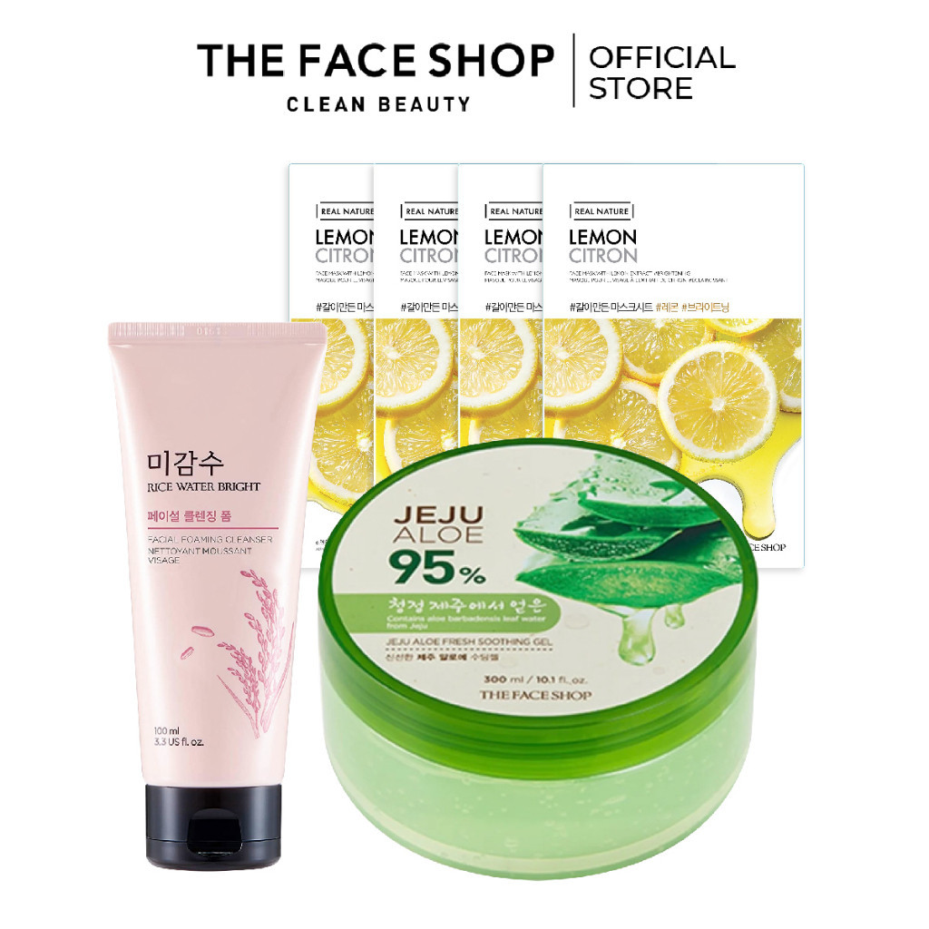 Combo Gel Dưỡng Da Jeju THE FACE SHOP 300ml+Sữa Rửa Mặt Rice 100ml+Mặt Nạ Giấy Chanh 20G