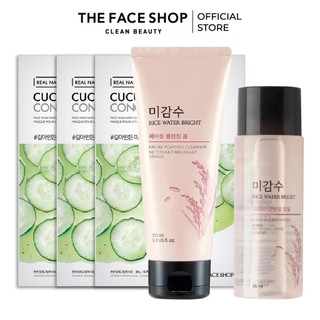 Combo bộ sữa rửa mặt the face shop rice 2pcs & 3 mặt nạ cucumber face mask 20g
