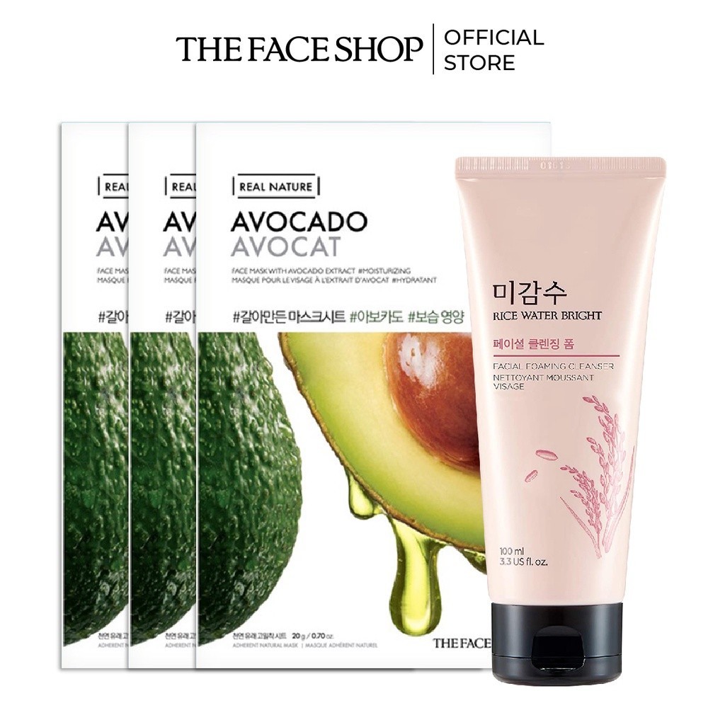 Combo 3 Mặt Nạ Giấy Phục Hồi Ẩm Tối Ưu THE FACE SHOP Avocado Face Mask 20G+Sữa Rửa Mặt 100ml