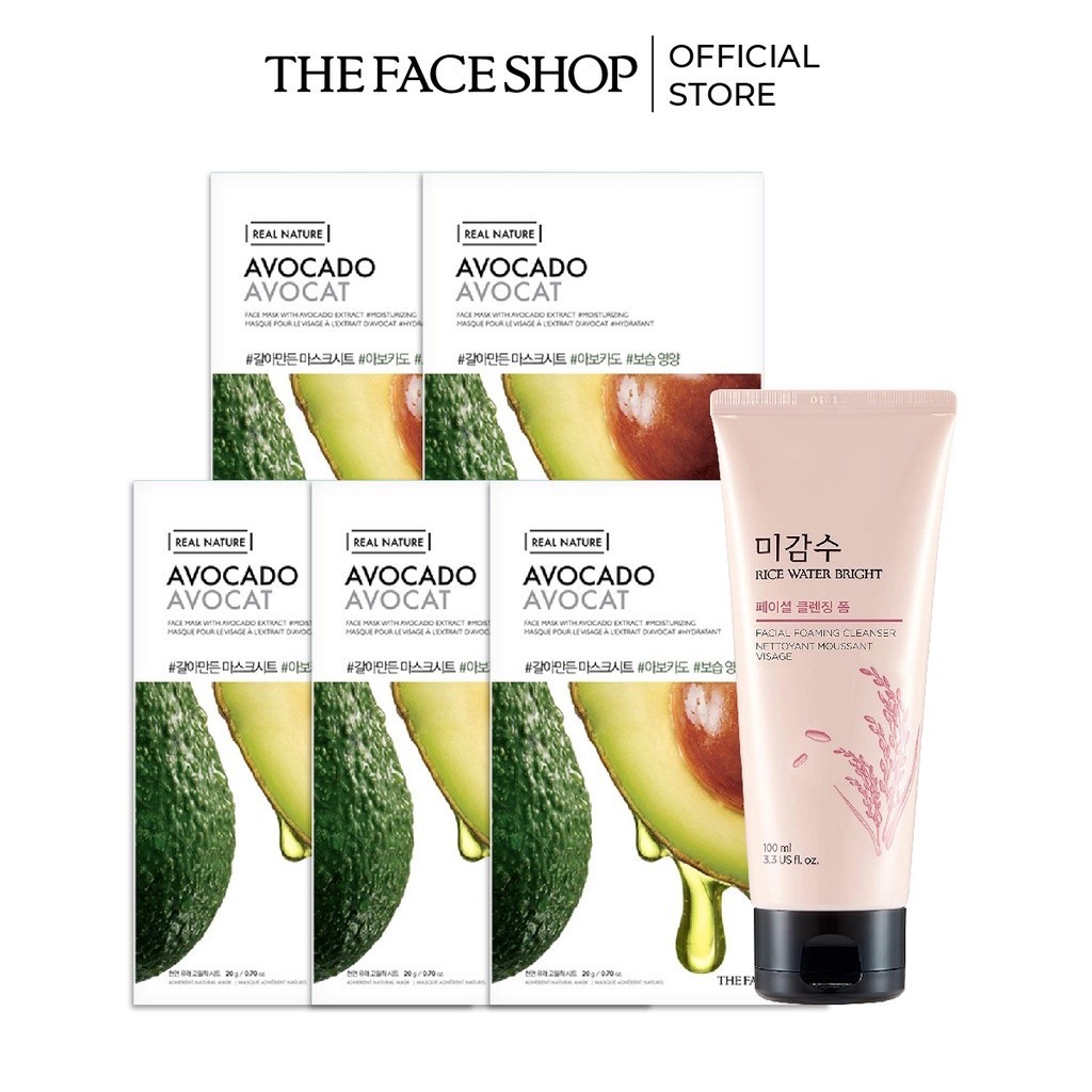 Combo 5 Mặt Nạ Giấy THE FACE SHOP Avocado Face Mask 20G+Sữa Rửa Mặt Làm Sáng Da 100ml