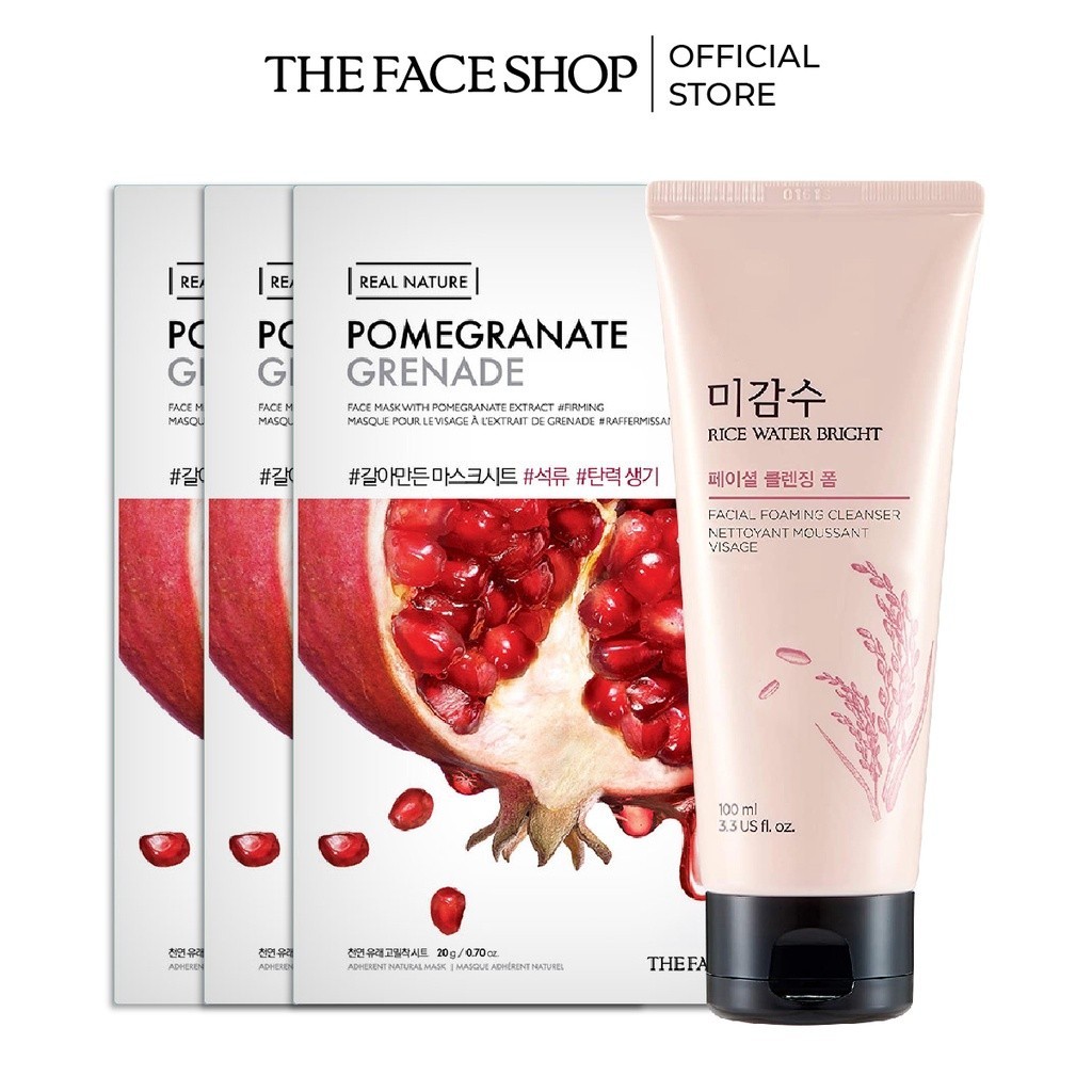 [VOUCHER 10% ĐH 150K] Combo Sữa Rửa Mặt Làm Sáng Da THE FACE SHOP 100ml+3 Mặt Nạ Chống Oxy Hóa Pomegranate 20g