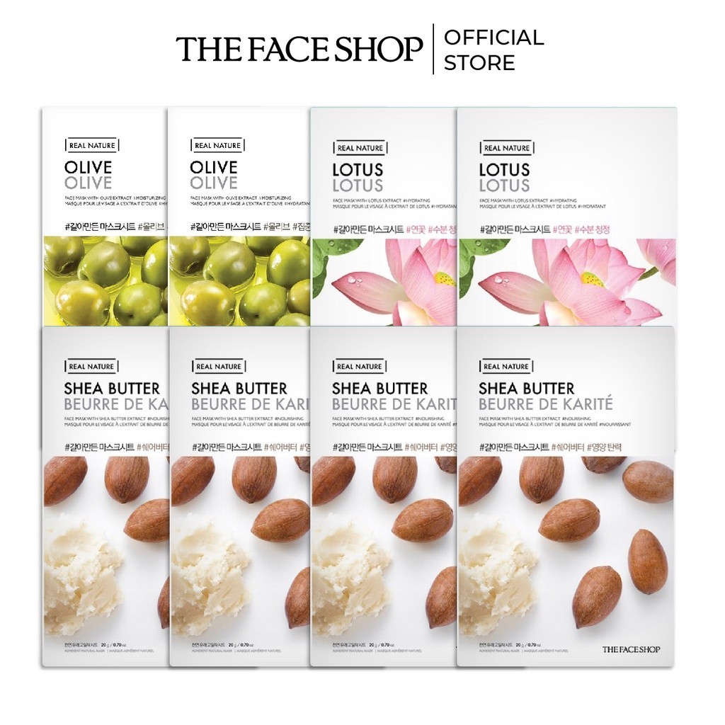 Combo 8 Mặt Nạ Real Nature Dưỡng Da THE FACE SHOP (oliu,hoa sen,bơ hạt) 20g