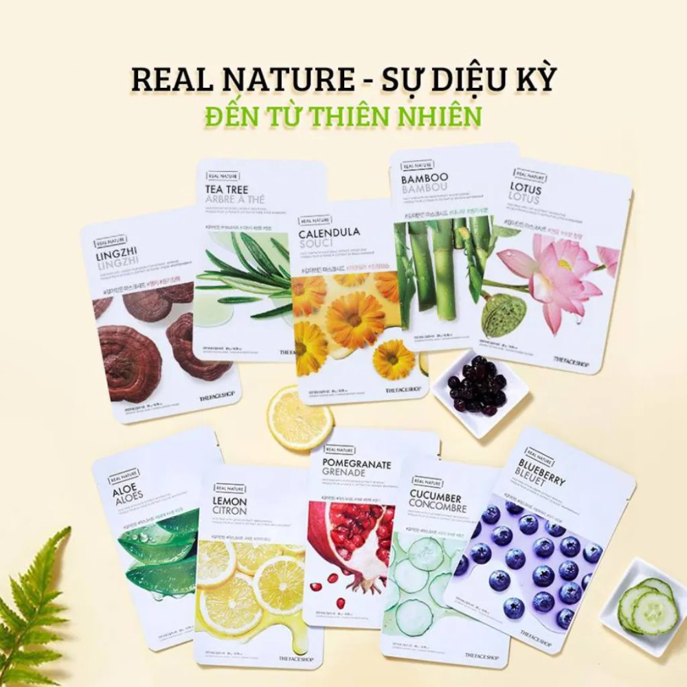 Combo 20 Mặt Nạ Real Nature Dưỡng Da THE FACE SHOP (chanh,tràm trà,dưa leo,hoa sen,bơ,lựu) 20g