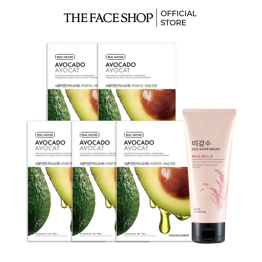 Combo Sữa Rửa Mặt Làm Sáng Da THE FACE SHOP 100ml+5 Mặt Nạ Giấy Phục Hồi Ẩm Avocado Face Mask 20G