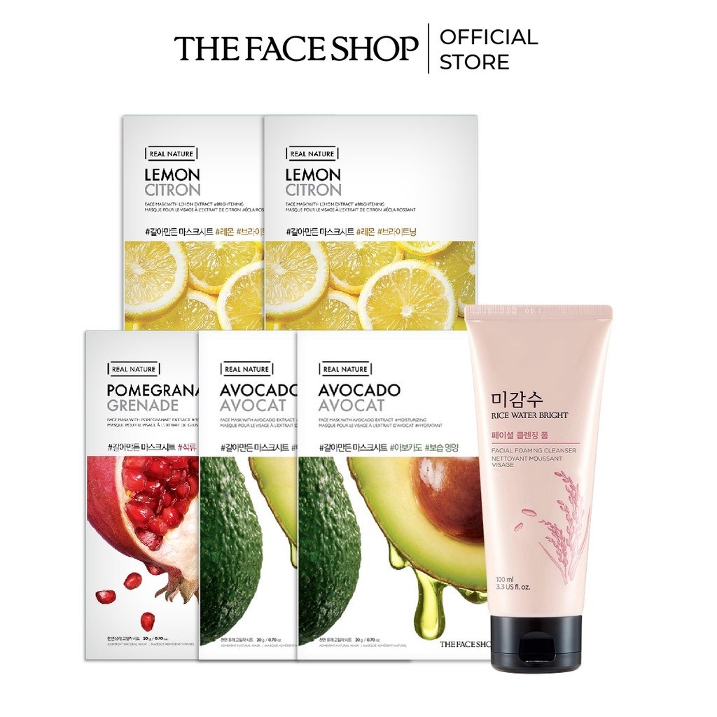 [VOUCHER 10% ĐH 150K] Combo Sữa Rửa Mặt Làm Sáng Da THE FACE SHOP 100ml+5 Mặt Nạ Sáng Da TheFaceShop (lựu,chanh,bơ) 20g