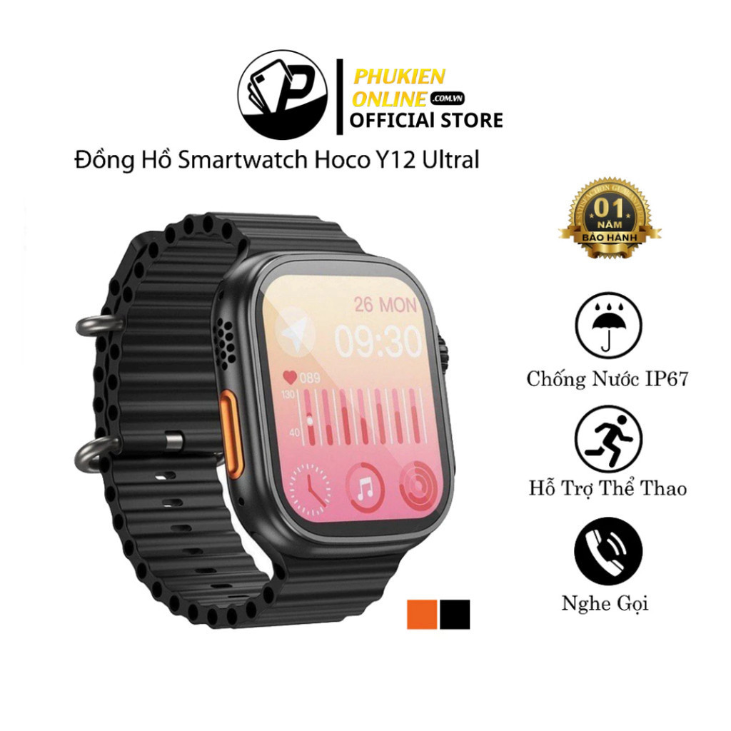 Đồng hồ thông minh HOCO Y12 Ultra, Smartwatch nghe gọi, theo dõi sức khỏe, hỗ trợ thể thao, chống nước - BH 12 tháng .