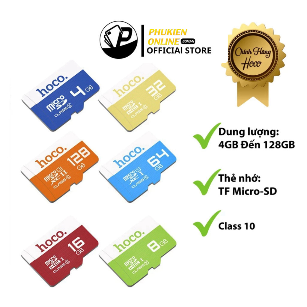 Thẻ Nhớ Micro SD Hoco Cho Điện Thoại, Máy Tính 4GB/8GB/16GB/32GB/64GB/128GB/256G Class 10 - Hàng Chính Hãng. .