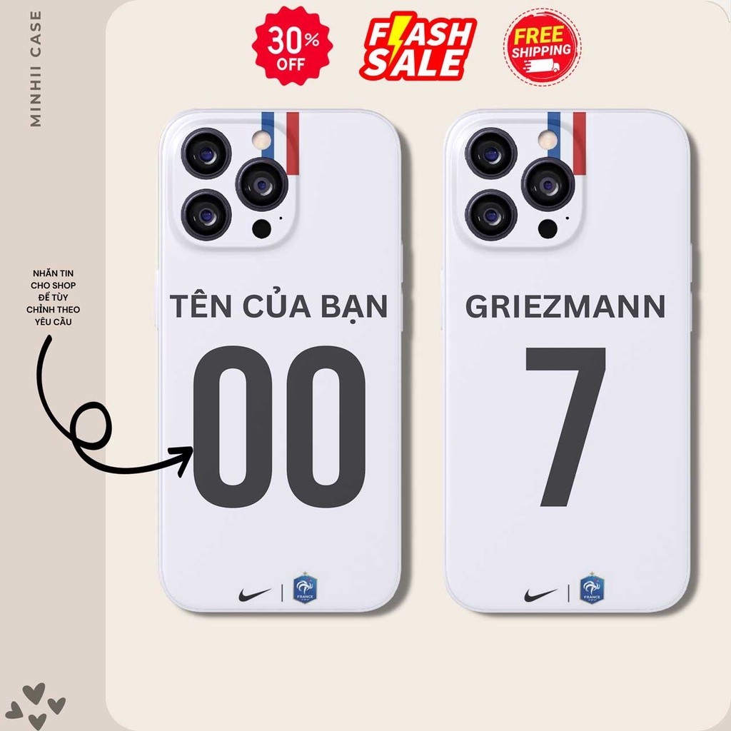 Ốp lưng bóng đá iphone in tên theo yêu cầu Griezmann Pháp 6/6splus/7/7plus/8/8plus/x/xs/11/12/13/14/