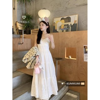 LITI Váy Dài Hai Dây Phối Ren Màu Trắng Ngây Thơ Đi Chơi Đi Du Lịch - Đầm Dài Ren Tôn Dáng Thon Gọn A148