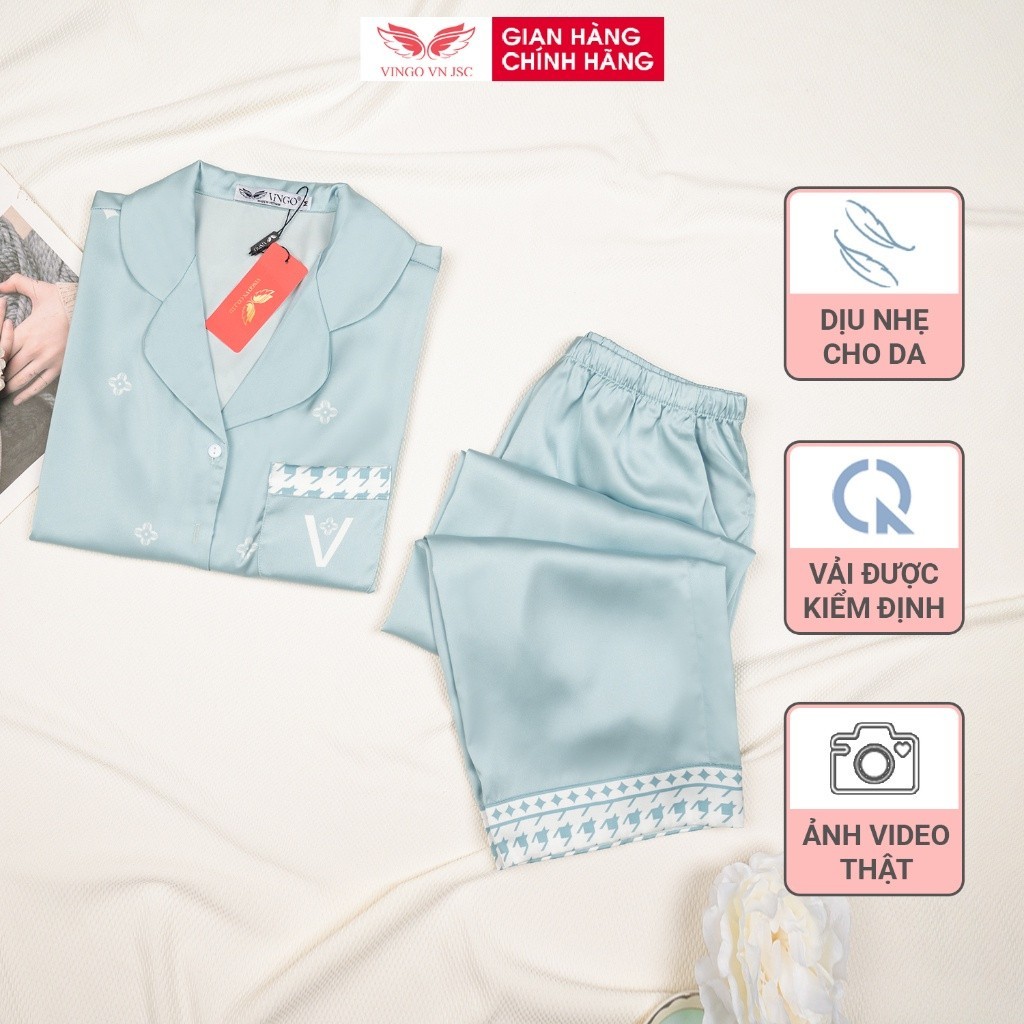 Pijama lụa đồ bộ ngủ mặc nhà cao cấp mùa Hè VINGO tay ngắn quần dài chữ V màu xanh bạc hà H1015 VNGO