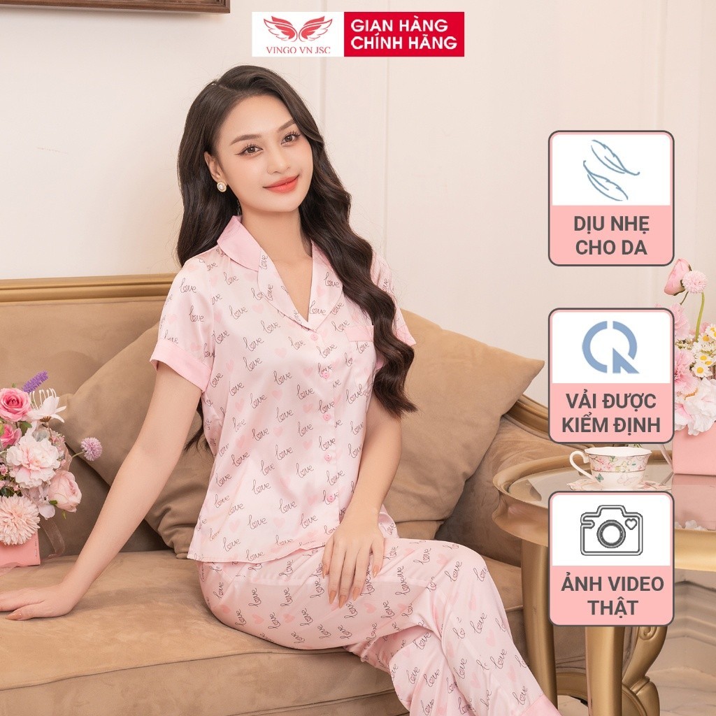 Đồ bộ mặc nhà Pijama lụa cao cấp mùa Hè VINGO tay ngắn quần dài dáng eo tim hồng chữ love H1063 VNGO