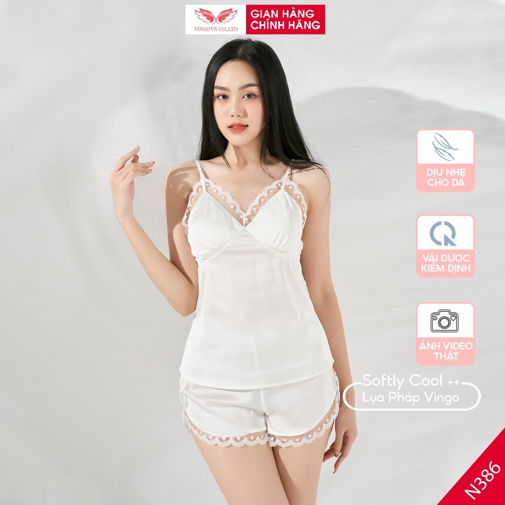 Bộ đồ ngủ nữ 2 dây pijama mặc nhà lụa cao cấp VINGO áo hai dây quần đùi phối ren màu trắng sexy N386 VNGO