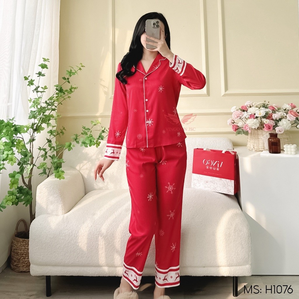 Đồ bộ mặc nhà Pijama lụa vân gỗ mùa Hè VINGO tay dài quần dài dáng eo họa tiết đẹp H1076 VNGO